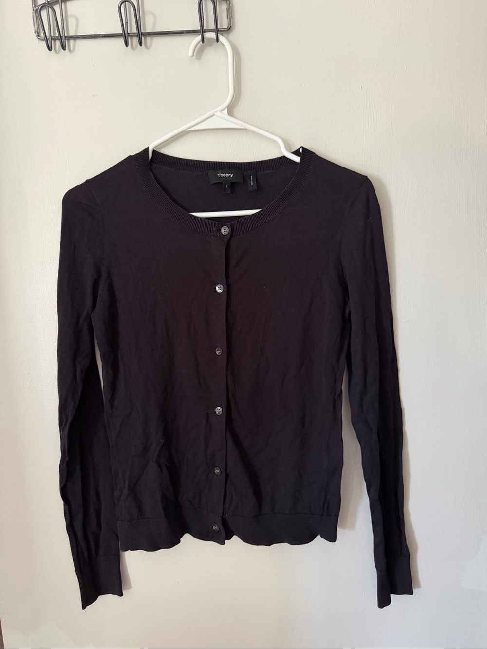 Theory Black Button-Front Crewneck Cardigan Small Cotton Quiet Luxury Chic